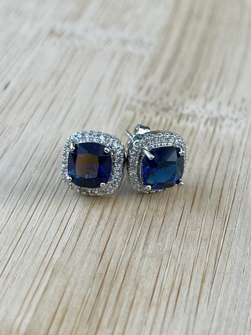 14K White Gold Plated Cushion Cut Square Blue Cubic Zirconia Men Women Earrings